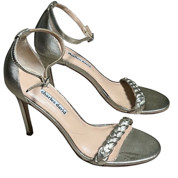 Charles David sandal metallic silver gold strappy braided Ankle heel Party 8 - Picture 1 of 8